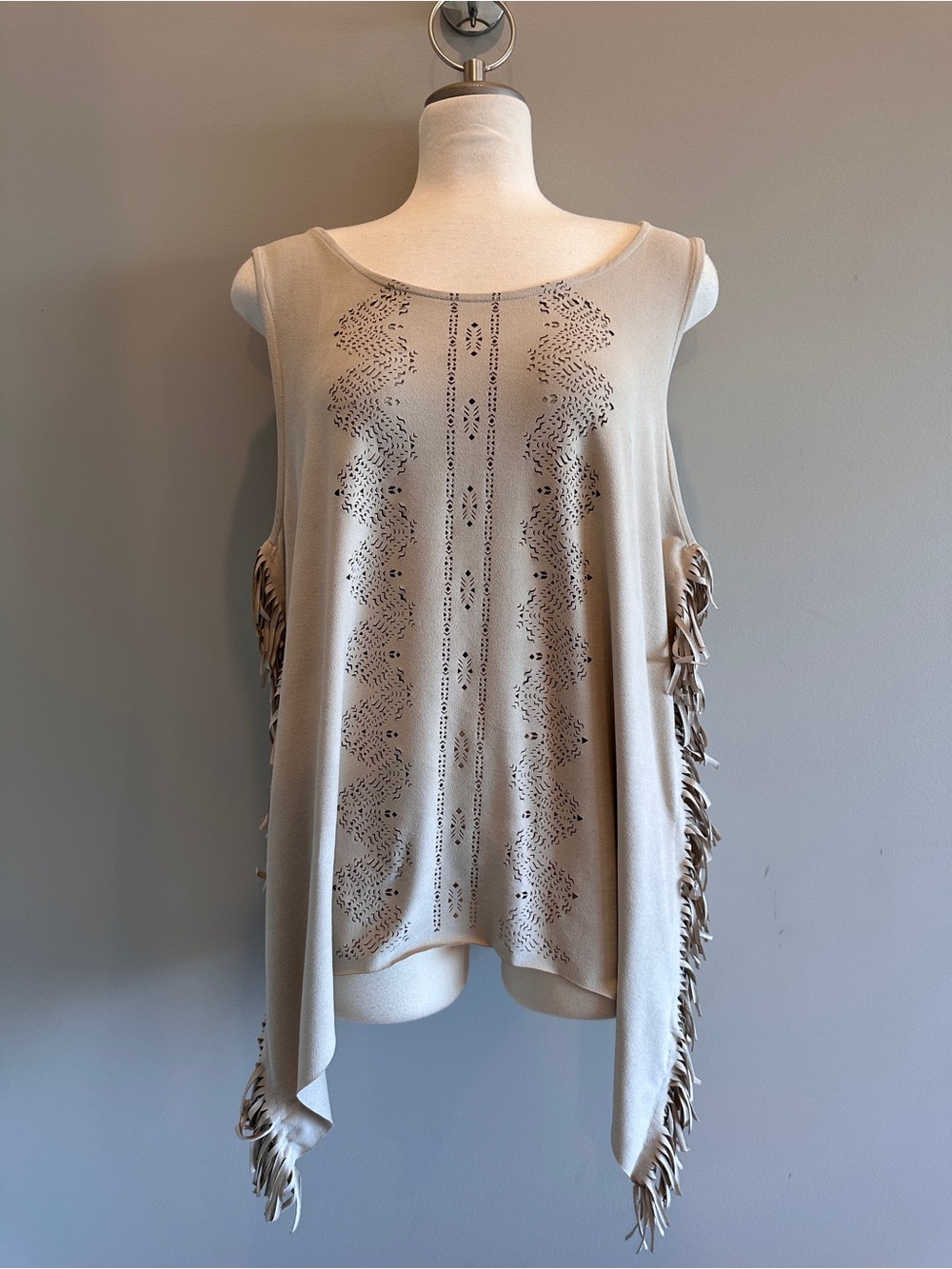 Western Light Taupe Fringe Sleeveless Top - Brand Unspecified